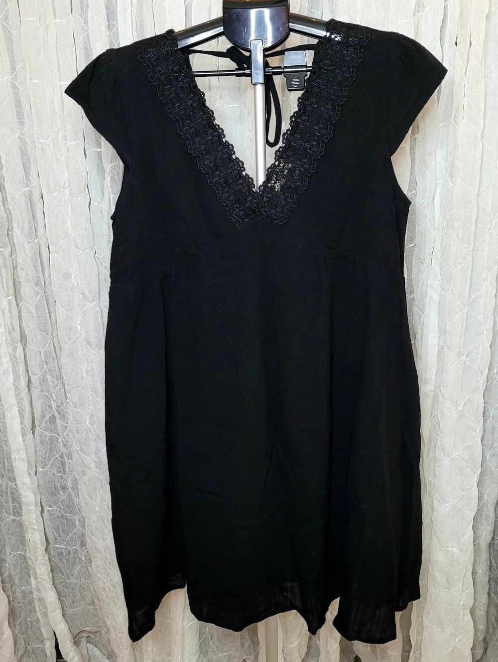 Hem & Thread Womens Large Black Cotton Crochet Lace V-Neck Babydoll Dress